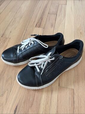 Clarks Black Leather Lace-Up Sneakers with White Soles
